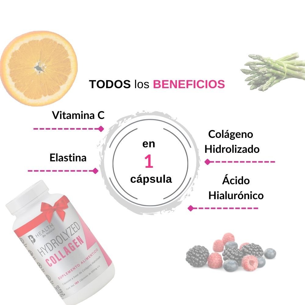 Colágeno hidrolizado con Ácido Hialurónico, Elastina y Vitamina C, Natural, B Health Be Natural, Keto, Sin azúcar -180 cápsulas de 500 mg c/u