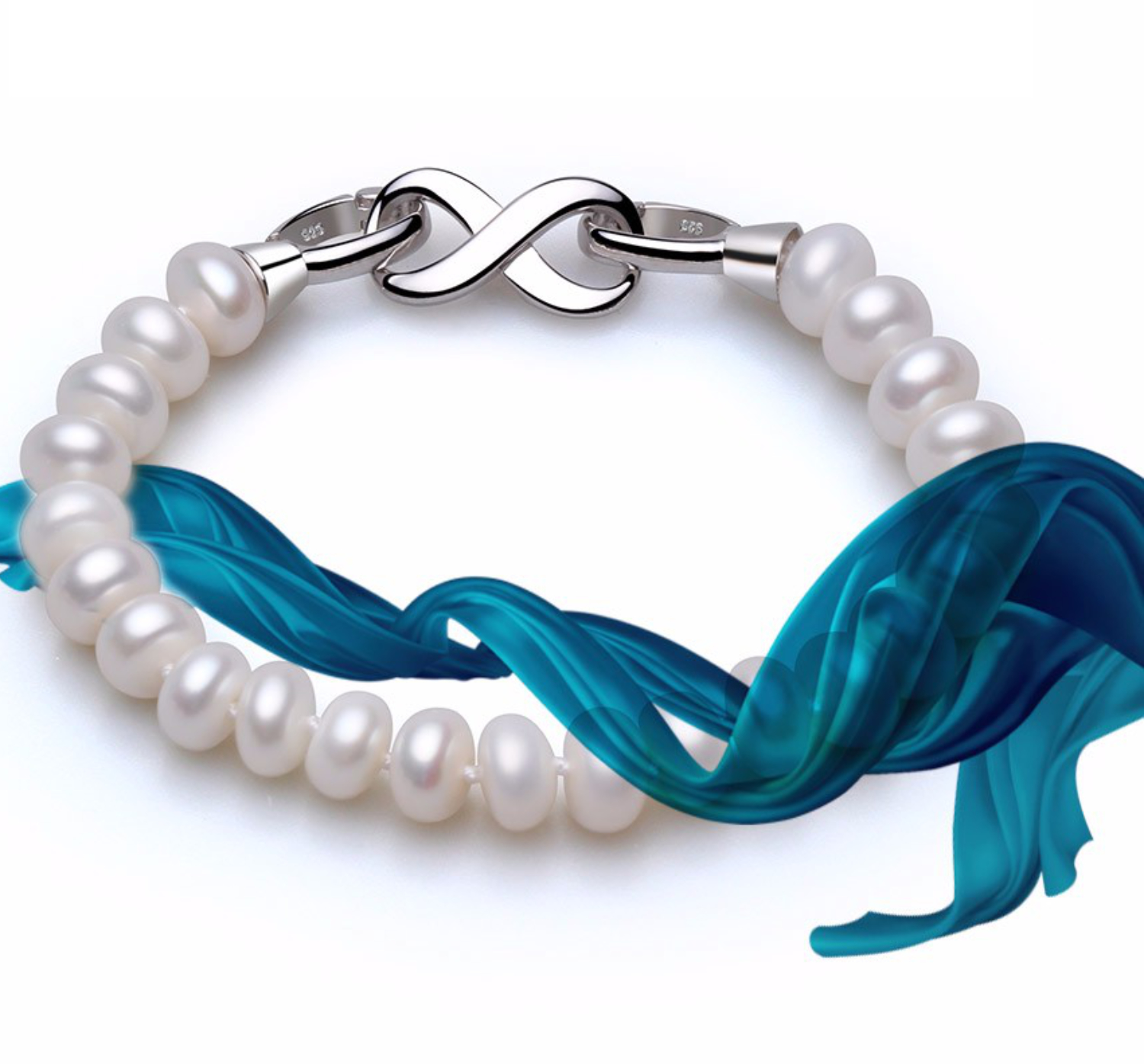 Pulsera juvenil de perlas naturales de alta calidad AAAA y broche de plata ley .925 con diseño de infinito.