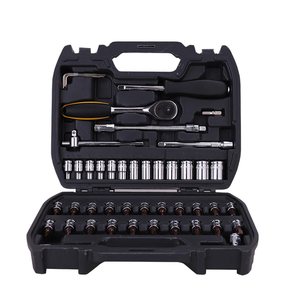 Juego de Dados Deli 46 Piezas de 1/4" de Acero Cromado con Trinquete, Barras y Adaptadores