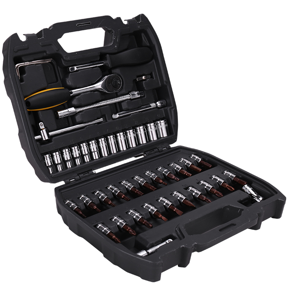 Juego de Dados Deli 46 Piezas de 1/4" de Acero Cromado con Trinquete, Barras y Adaptadores