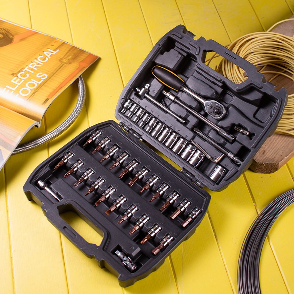 Juego de Dados Deli 46 Piezas de 1/4" de Acero Cromado con Trinquete, Barras y Adaptadores