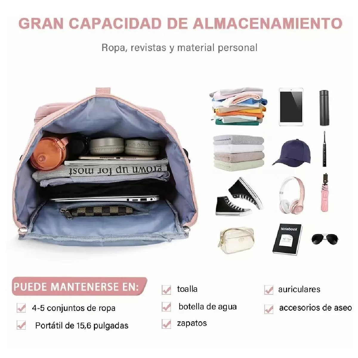 Maleta Bolsa Deportivo Gym Viaje Mochila Multifuncional Rosa