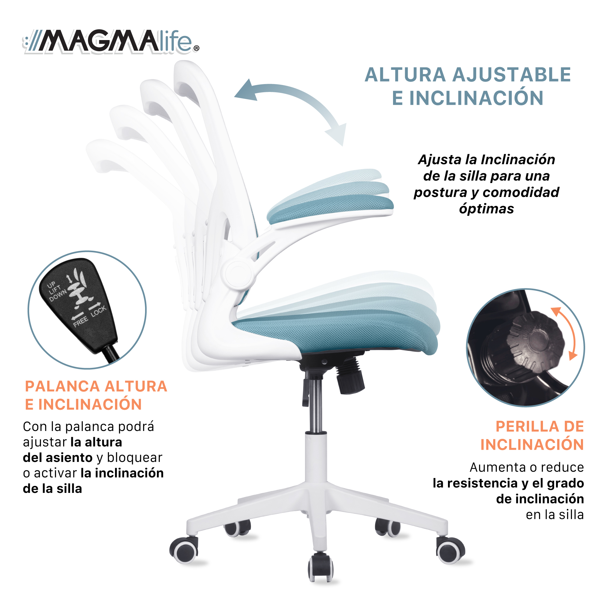 Silla de Escritorio Premium Modelo Cosmo Magma Life (Azul Cerúleo)