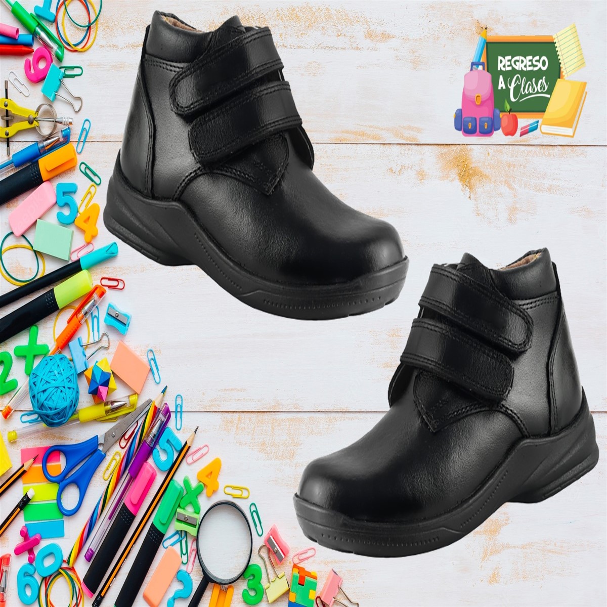 Zapato Bota Escolar Niño 100% Piel Cómodo Velcro Casual 1023 Negro.