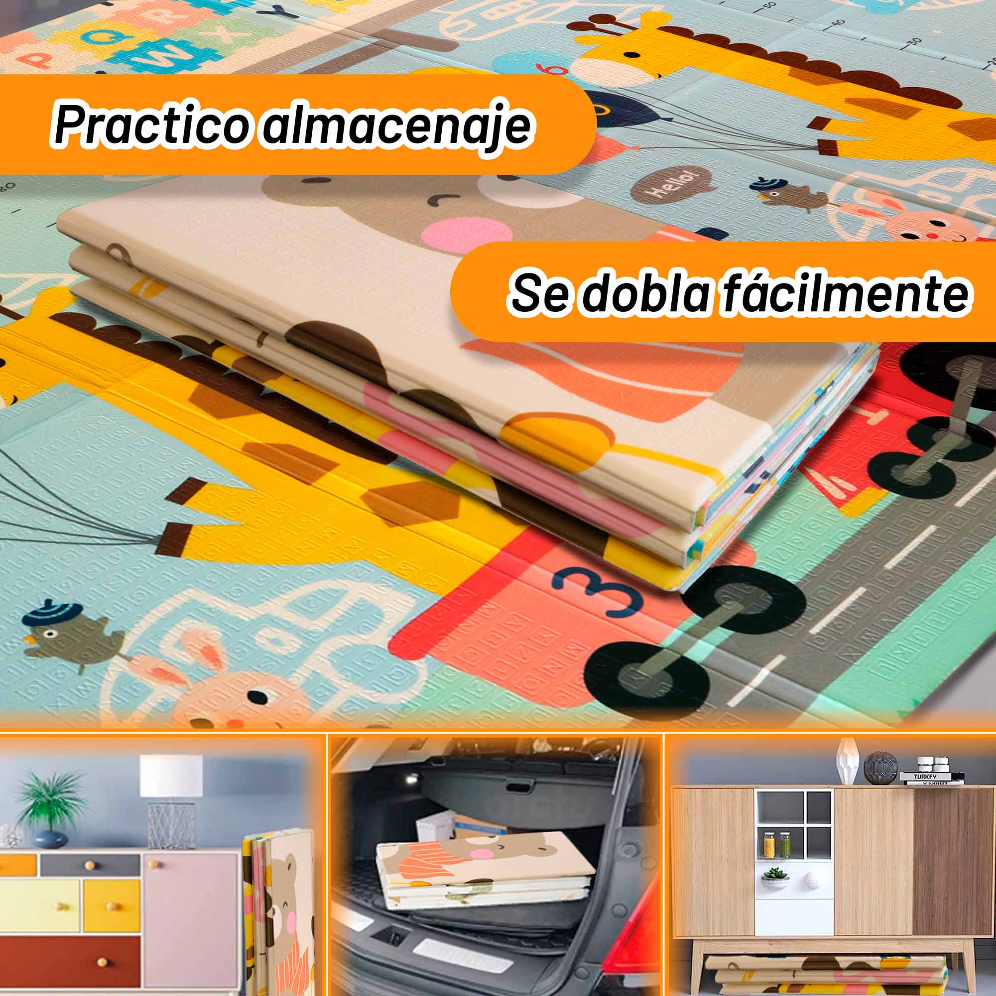 Tapete de Juego para Bebe Plegable Archy Acolchonado Doble Vista Impermeable Multiusos Didáctico Antideslizante Reversible Incluye Bolsa para Transportar 147x195 centímetros