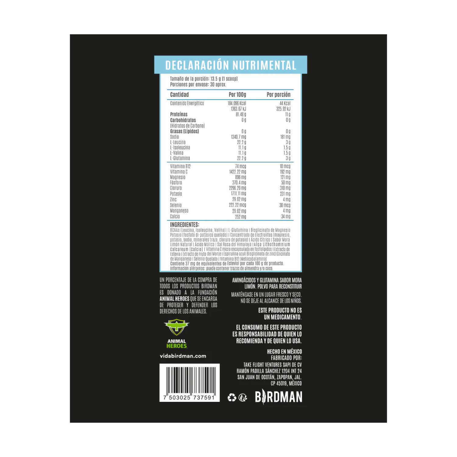 Aminoacidos BCAAs y Glutamina Birdman 405g 30 Serv. - Fresa