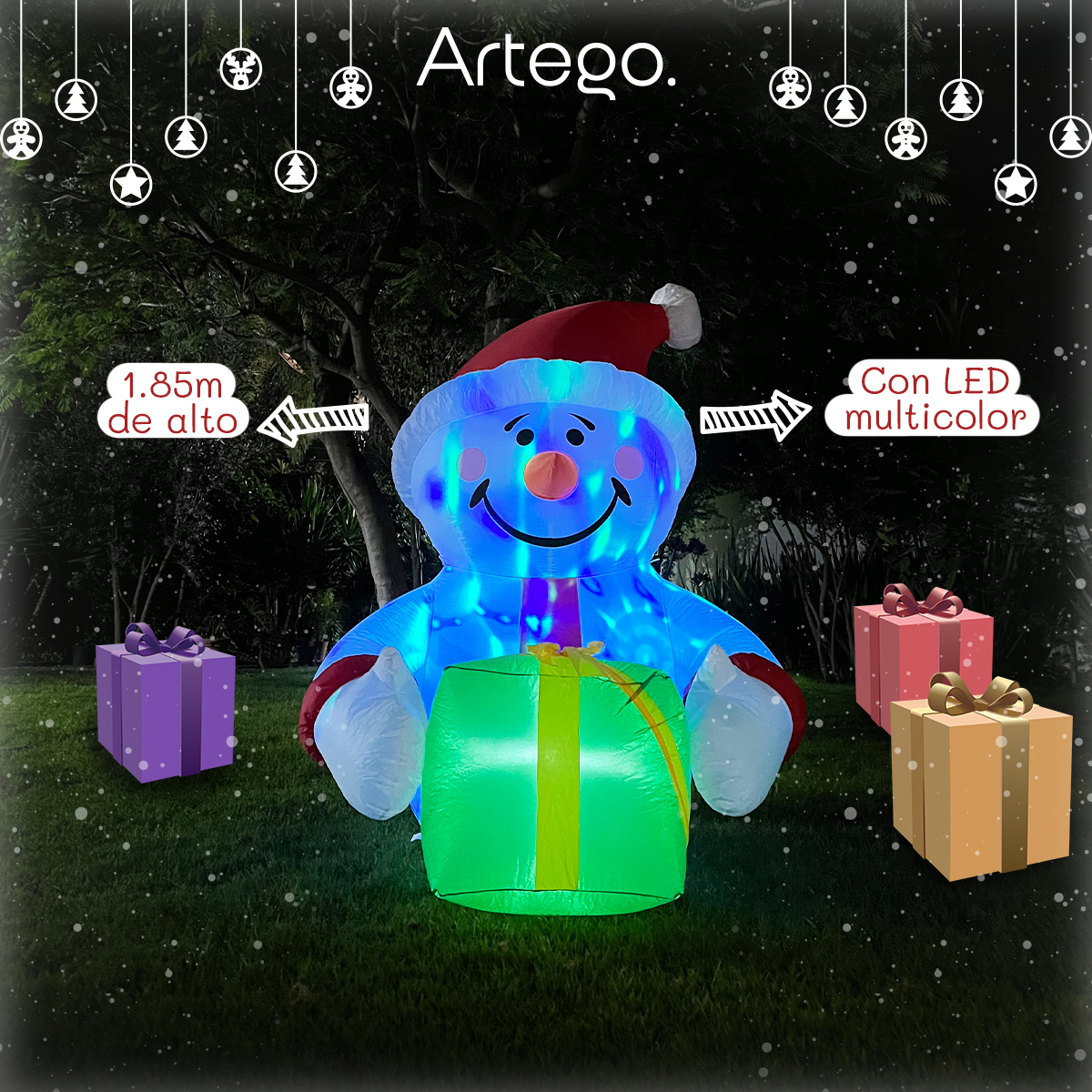 Inflable de Navidad Navideño Mono de nieve con regalo verde multiled 1.85m