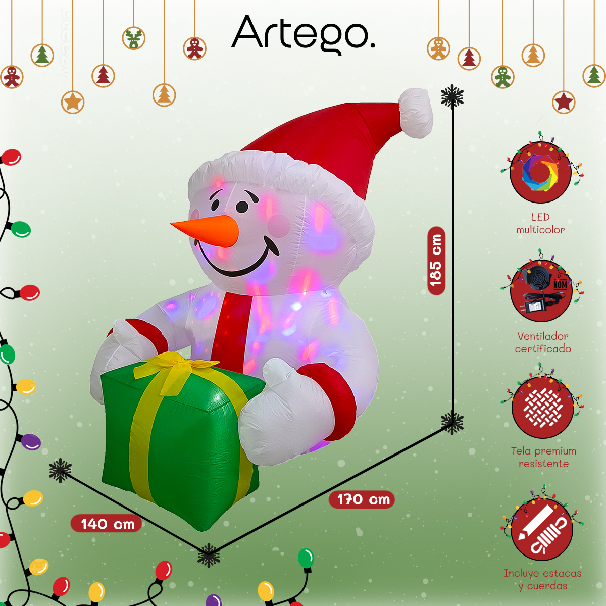 Inflable de Navidad Navideño Mono de nieve con regalo verde multiled 1.85m