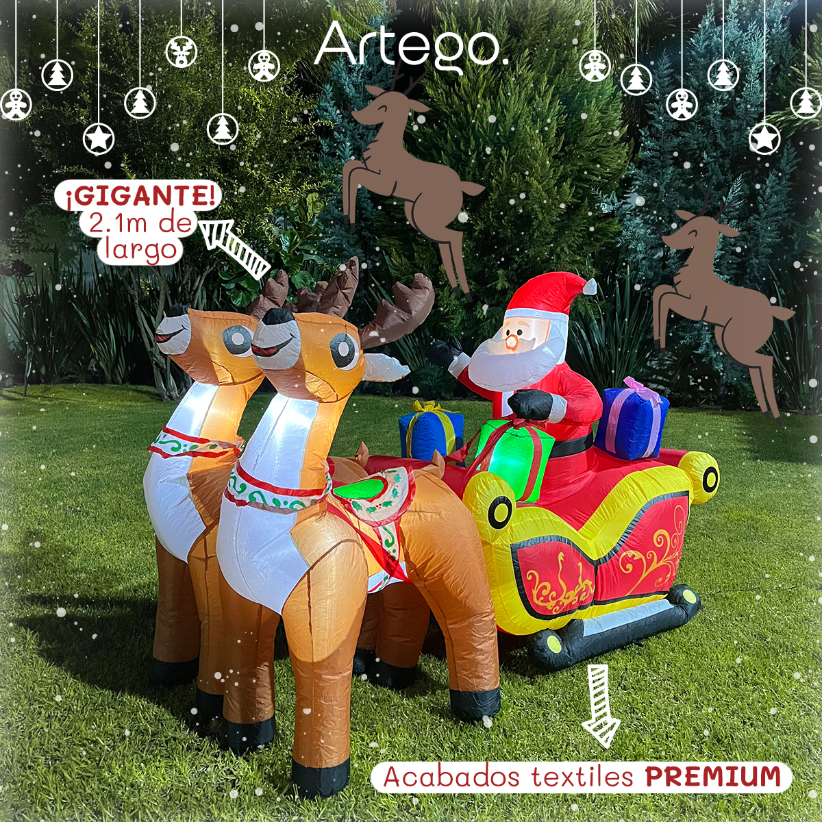 Inflable de Navidad Navideño Trineo santa, renos y regalos con led 2.1m
