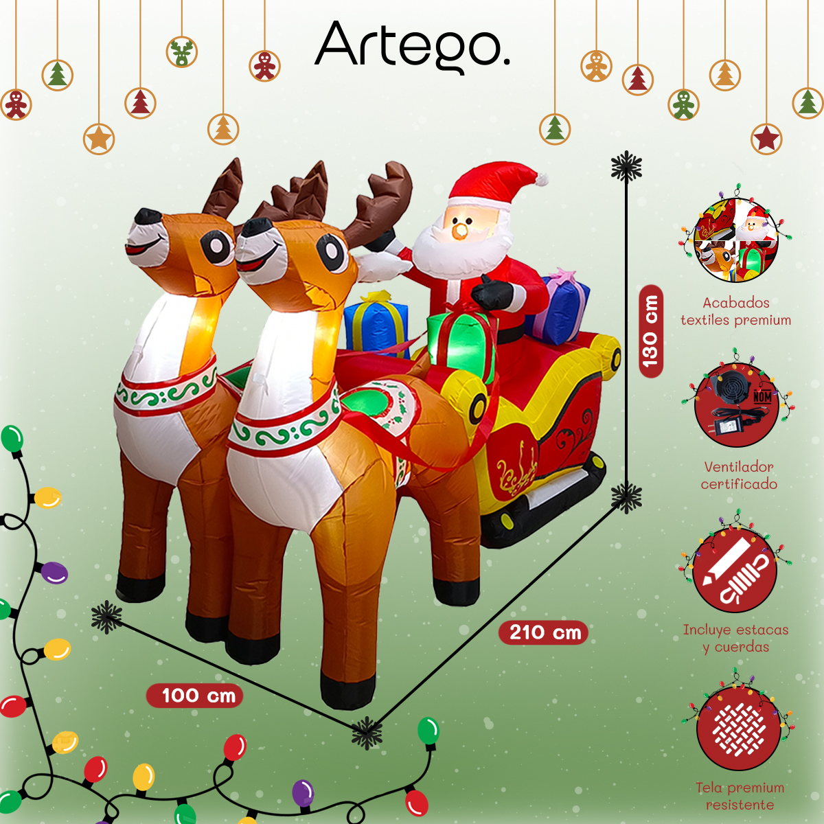 Inflable de Navidad Navideño Trineo santa, renos y regalos con led 2.1m