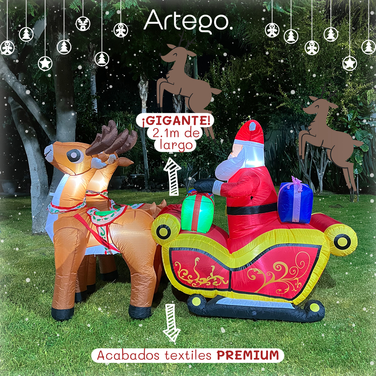 Inflable de Navidad Navideño Trineo santa, renos y regalos con led 2.1m