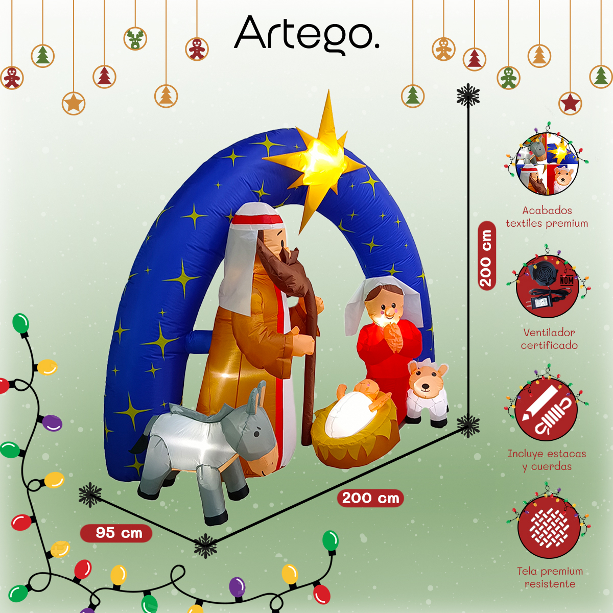 Inflable de Navidad nacimiento pesebre Navideño con 5 personajes premium 2m