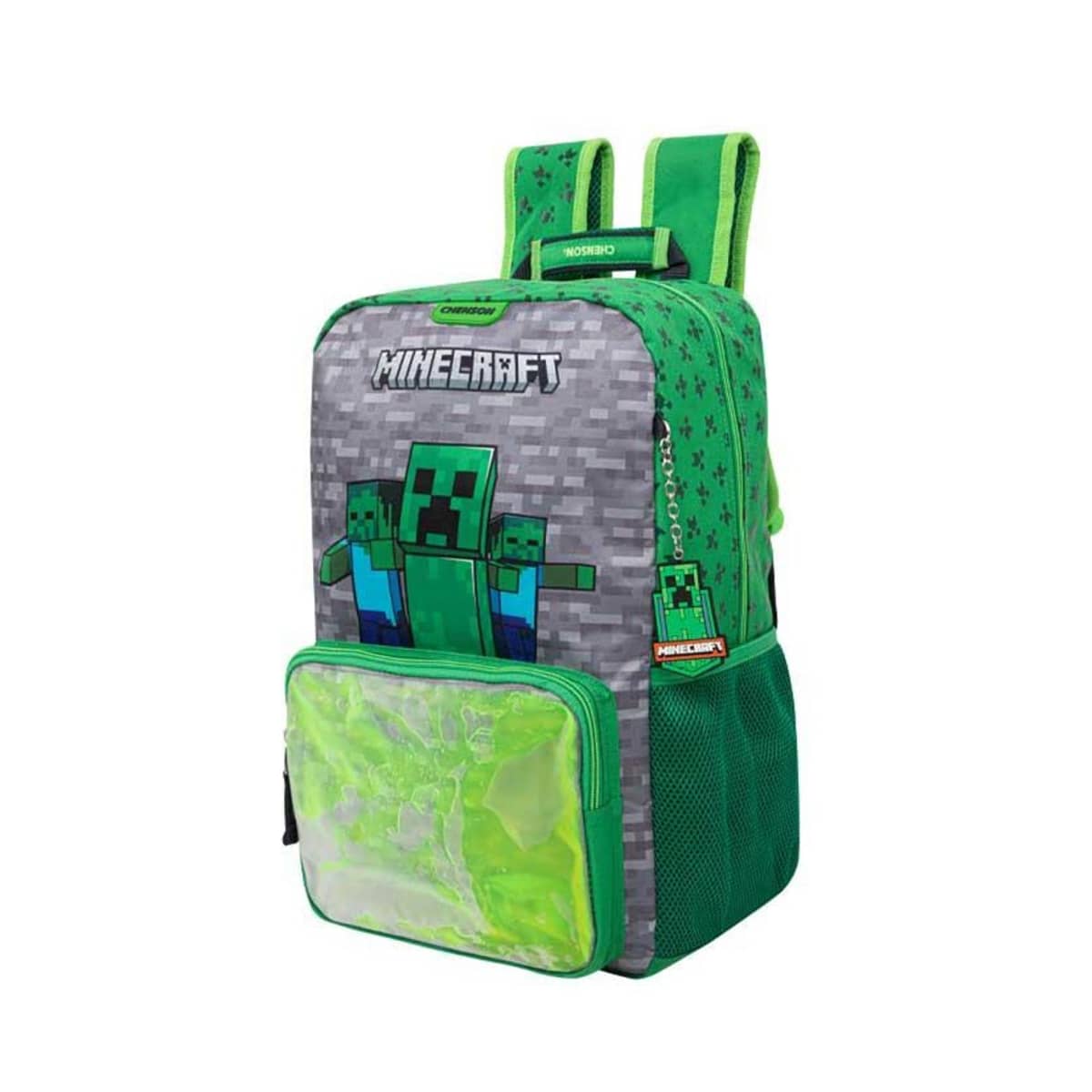 Mochila escolar infantil backpack gris con verde de Minecraft para niño, mod. 1097281