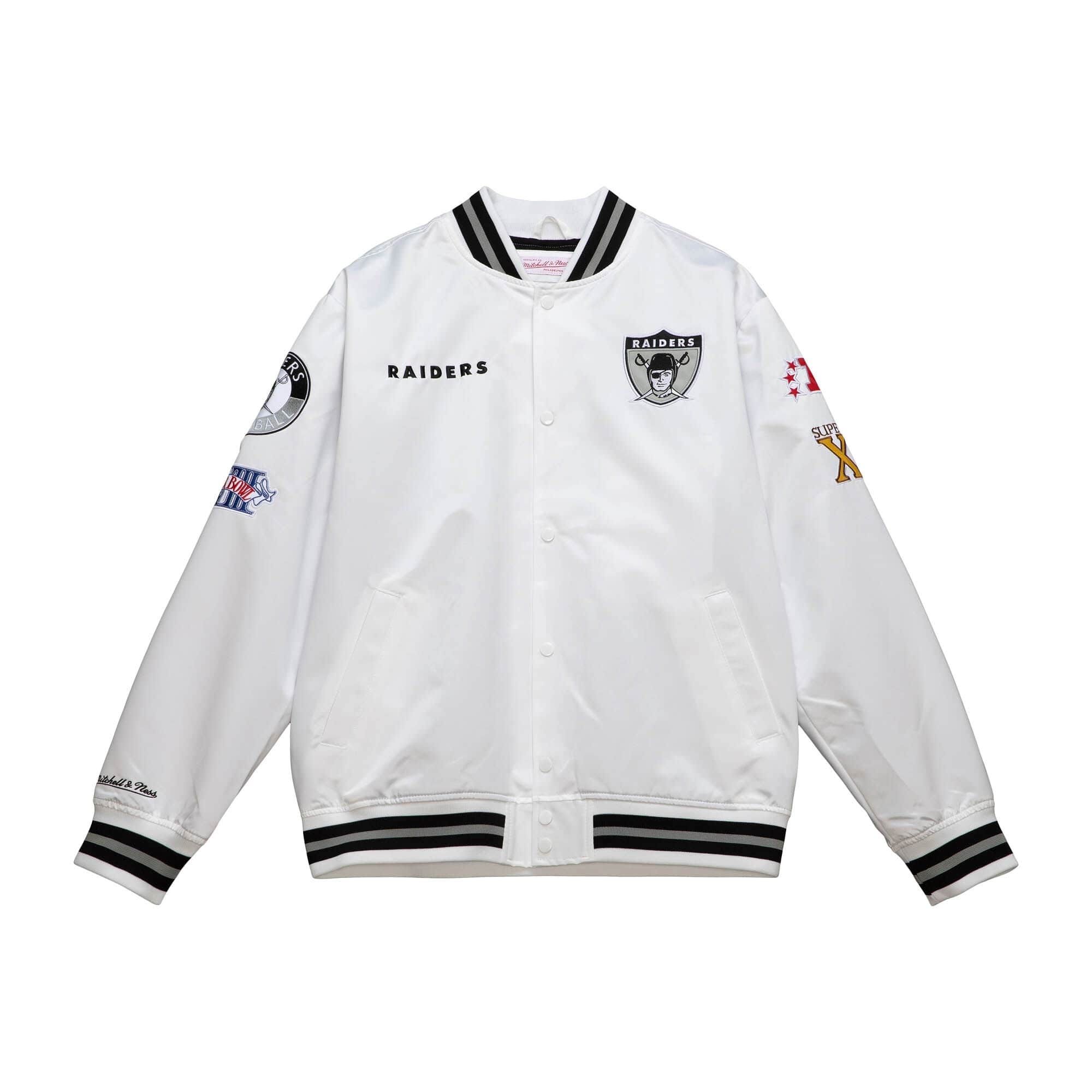 Chamarra Mitchell & Ness Oakland Raiders NFL Satín Blanco con Negro Hombre Original OJBF4986