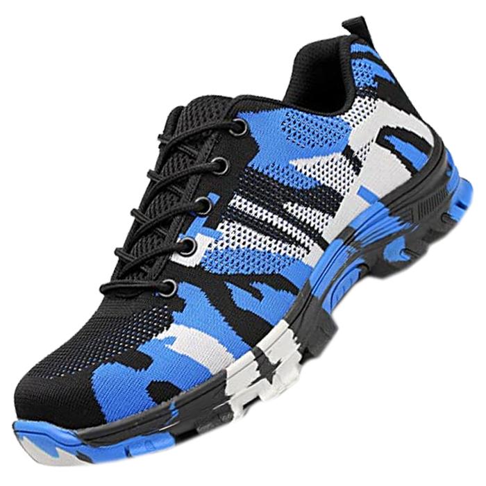 Zapatos Resistentes MXTFF-010-1 Talla 11US, 27.5MX, 45EUR, Azul/Negro, Plantilla Kevlar, Suela EVA, Punta de Acero, Agujetas, Ligero, Transpirable.