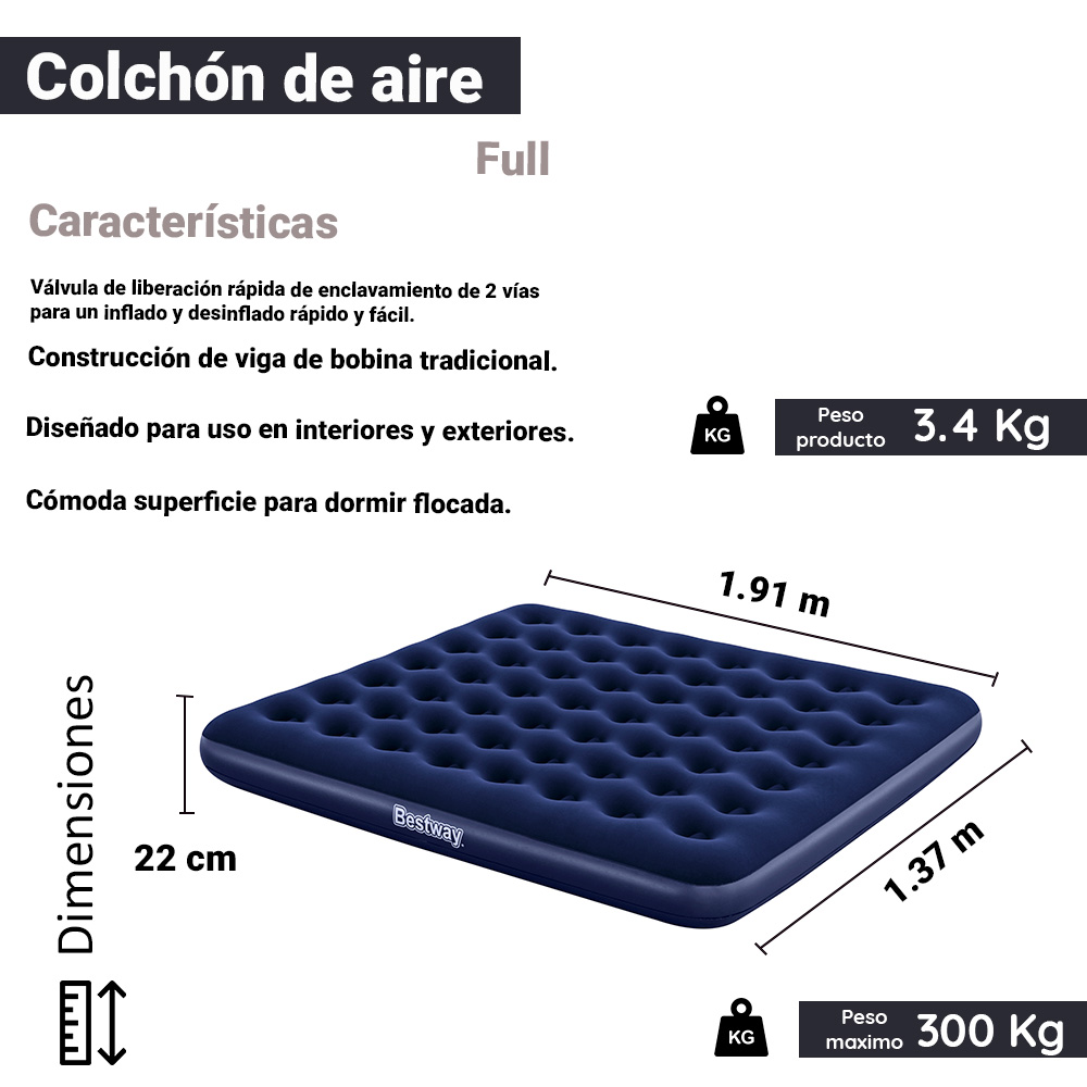 Colchón Inflable Matrimonial Cama De Aire Camping + Bomba