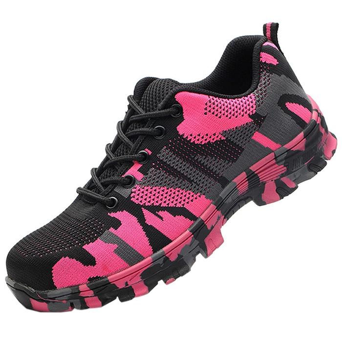 Zapatos de Seguridad Resistentes MXOTU-007-2 Talla 8.5US, 26MX, 42EUR, Rosa/Negro, Plantilla Kevlar, Suela EVA, Punta de Acero, Agujetas, Ligero, Transpirable.