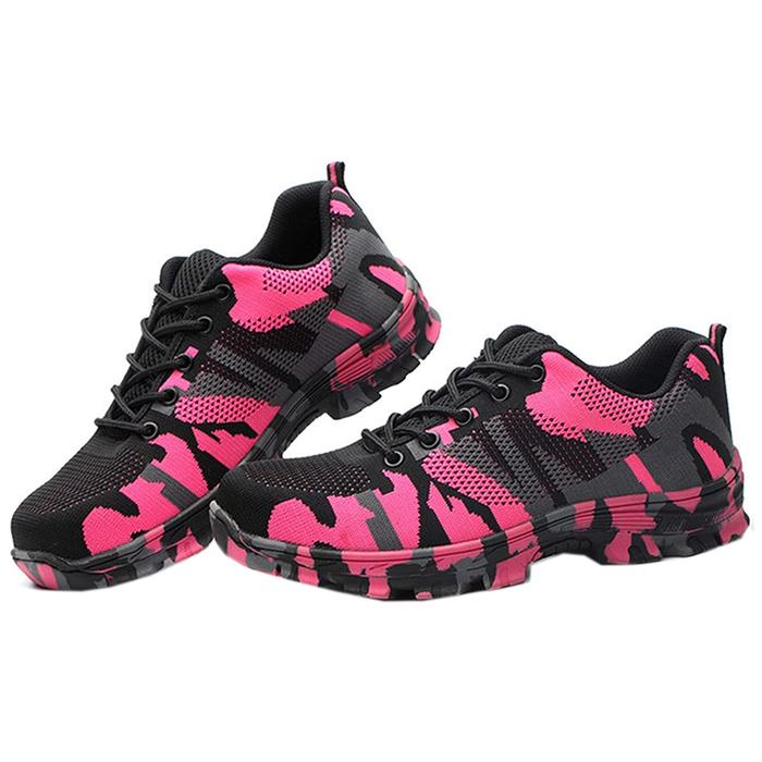 Zapatos de Seguridad Resistentes MXOTU-007-2 Talla 8.5US, 26MX, 42EUR, Rosa/Negro, Plantilla Kevlar, Suela EVA, Punta de Acero, Agujetas, Ligero, Transpirable.