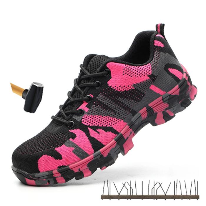 Zapatos de Seguridad Resistentes MXOTU-007-2 Talla 8.5US, 26MX, 42EUR, Rosa/Negro, Plantilla Kevlar, Suela EVA, Punta de Acero, Agujetas, Ligero, Transpirable.