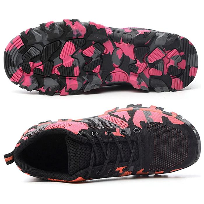 Zapatos de Seguridad Resistentes MXOTU-007-2 Talla 8.5US, 26MX, 42EUR, Rosa/Negro, Plantilla Kevlar, Suela EVA, Punta de Acero, Agujetas, Ligero, Transpirable.