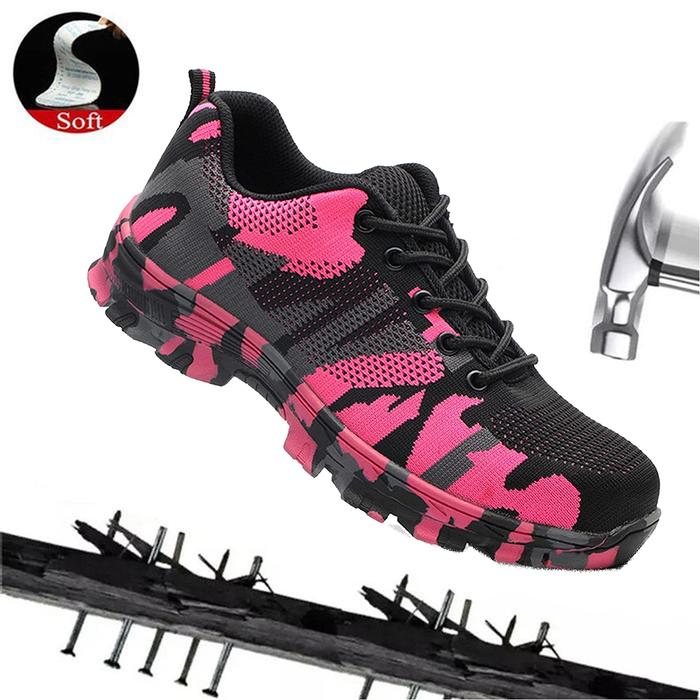 Zapatos de Seguridad Resistentes MXOTU-007-2 Talla 8.5US, 26MX, 42EUR, Rosa/Negro, Plantilla Kevlar, Suela EVA, Punta de Acero, Agujetas, Ligero, Transpirable.