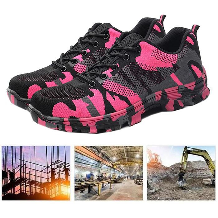 Zapatos de Seguridad Resistentes MXOTU-007-2 Talla 8.5US, 26MX, 42EUR, Rosa/Negro, Plantilla Kevlar, Suela EVA, Punta de Acero, Agujetas, Ligero, Transpirable.