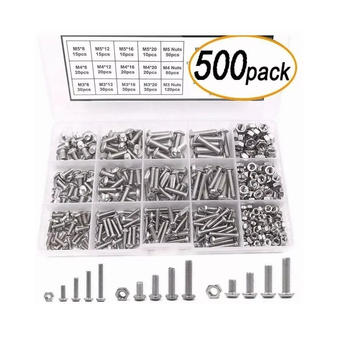 Kit 500pcs Tornillos De Cabeza Hexagonal M3 M4 M5 Plana Acero