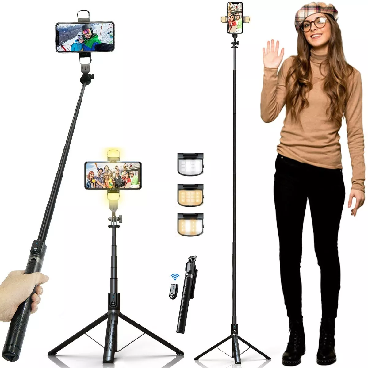 MQOUNY - Palo selfie y trípode para teléfono, luz de relleno portátil para  selfies, trípode de viaje profesional todo en uno portátil con control