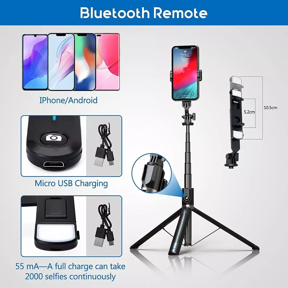 Palo selfie con luz, trípode para selfie stick de 45 pulgadas con control  remoto inalámbrico, trípode portátil para teléfono compatible con iPhone 15