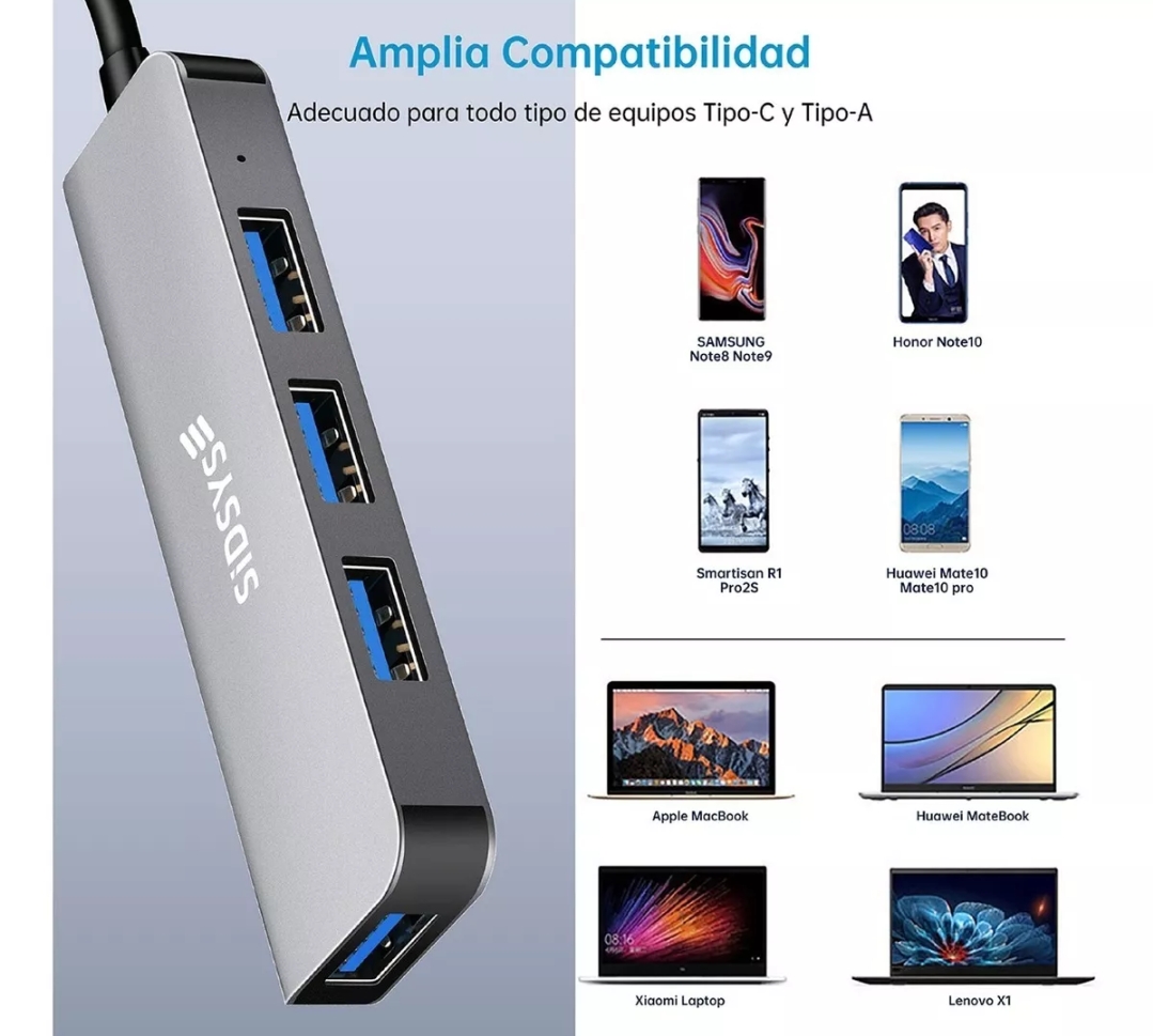 4 Puertos Hub Usb Adaptador Para Laptop Usb 3.0 Tipo C 5gbps