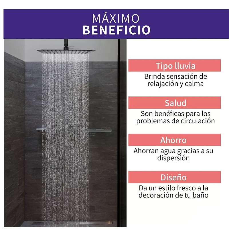 Regadera Cuadrada Tipo Lluvia Negro Mate Con Tubo 40 Cm