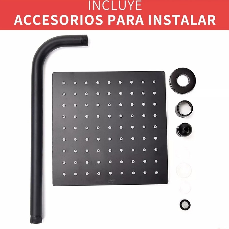 Regadera Cuadrada Tipo Lluvia Negro Mate Con Tubo 40 Cm