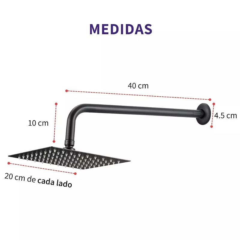 Regadera Cuadrada Tipo Lluvia Negro Mate Con Tubo 40 Cm