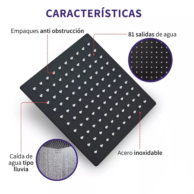 Regadera Cuadrada Tipo Lluvia Negro Mate Con Tubo 40 Cm