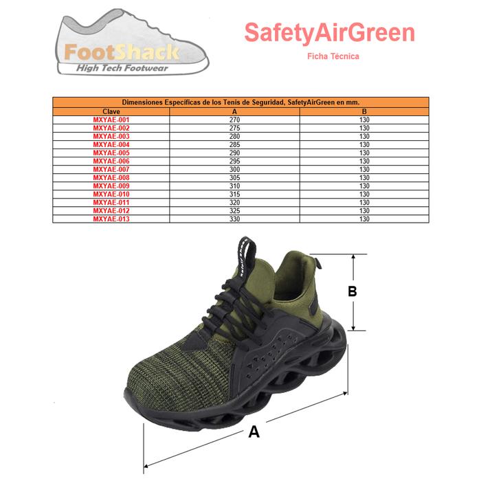 Zapatos de Seguridad Industriales MXYAE-009-1 Talla 10.5US, 27MX, Verde, Plantilla Kevlar, Suela EVA, Punta de Acero, Agujetas, Ligero, Transpirable.