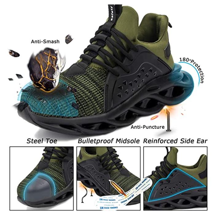 Tenis Modernos y Ligeros MXYAE-012-1 Talla 12.5US, 28.5MX, Verde, Plantilla Kevlar, Suela EVA, Punta de Acero, Agujetas, Ligero, Transpirable.
