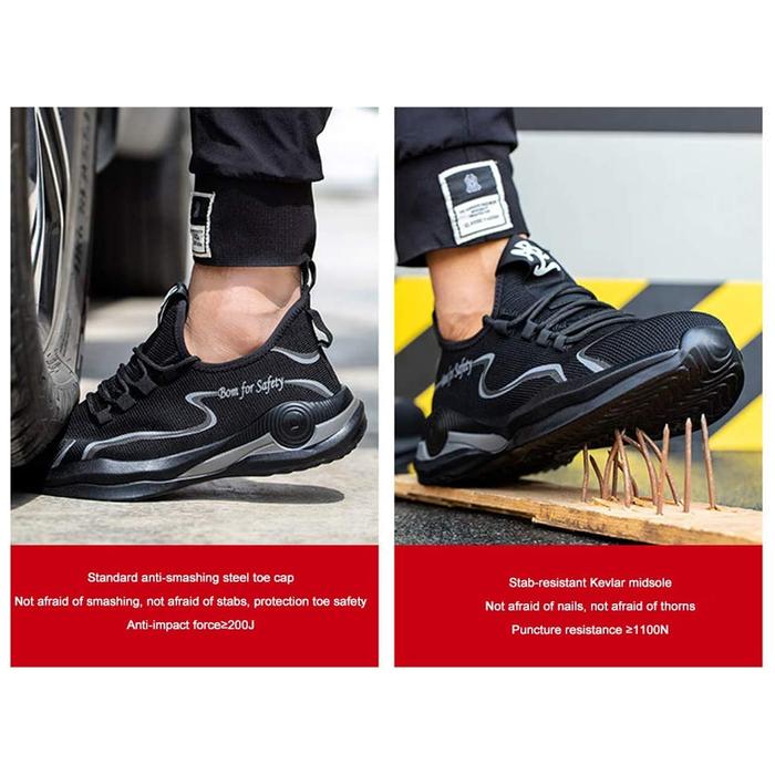 Botas Tenis Antipinchazos Ligero MXKHK-013 Talla 14US, 29MX, Negro/Gris, Plantilla Kevlar, Suela EVA, Punta de Acero, Agujetas, Ligero, Transpirable.