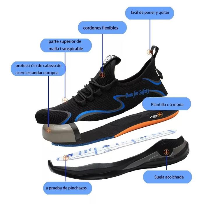 Zapatos de Seguridad Unisex MXIKU-005-2 Talla 7US, 25MX, Negro/Azul, Plantilla Kevlar, Suela EVA, Punta de Acero, Agujetas, Ligero, Transpirable.