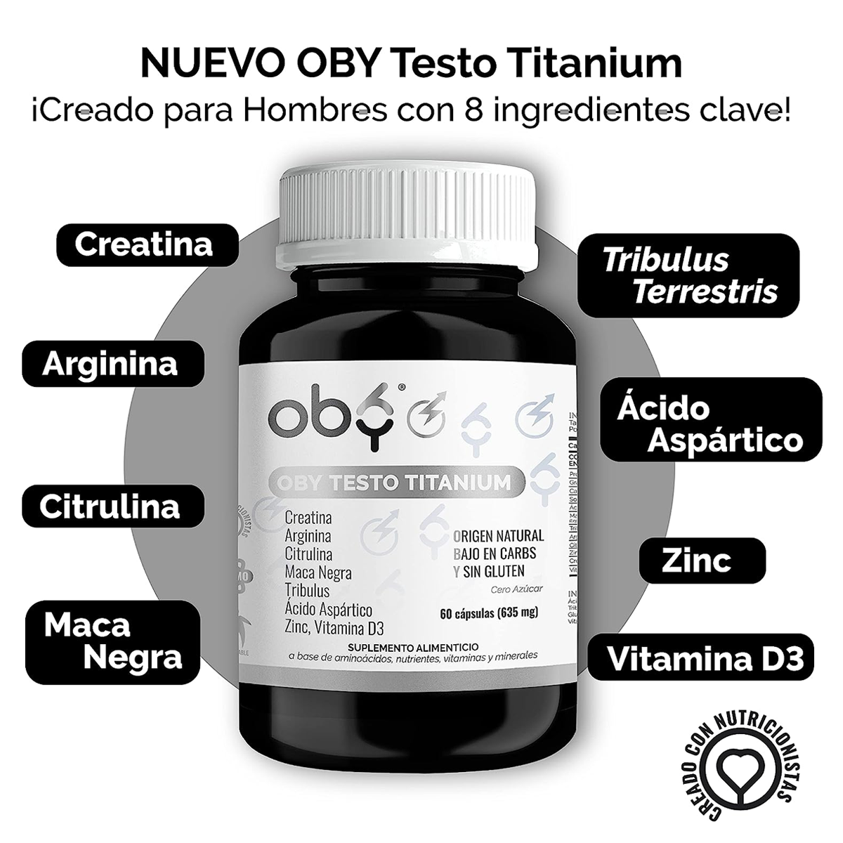 OBY Mens Testo Titanium | Multivitaminico para Hombre con Creatina Monohidratada, Maca Negra, L-Arginina, Tribulus, Citrulina, Vitamina D3, Zinc, Acido Aspartico. Vitaminas para Hombre 60 capsulas