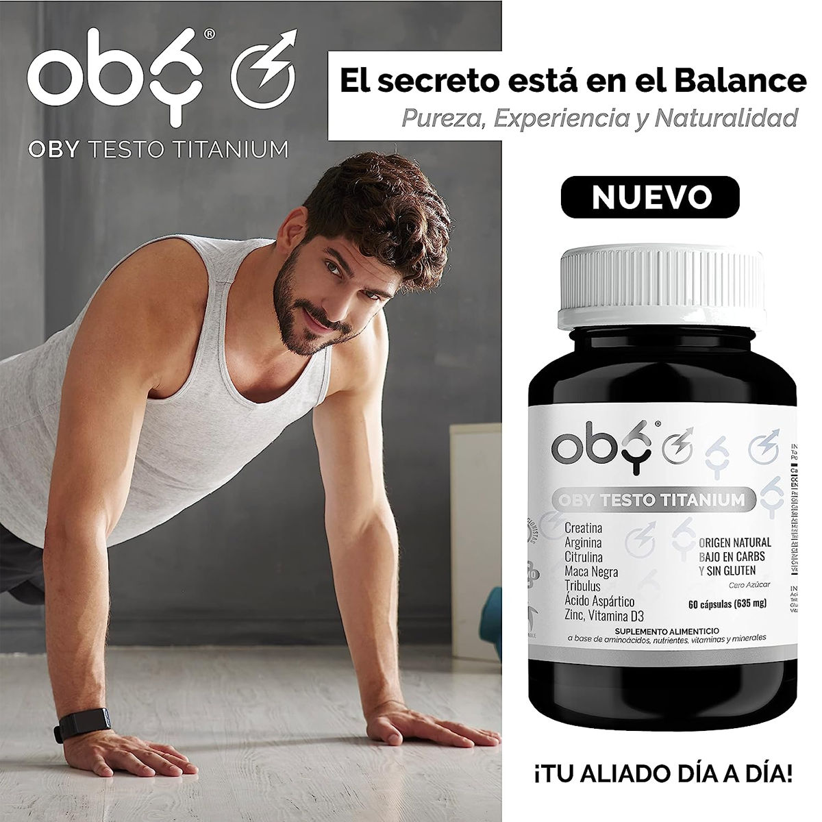 OBY Mens Testo Titanium | Multivitaminico para Hombre con Creatina Monohidratada, Maca Negra, L-Arginina, Tribulus, Citrulina, Vitamina D3, Zinc, Acido Aspartico. Vitaminas para Hombre 60 capsulas