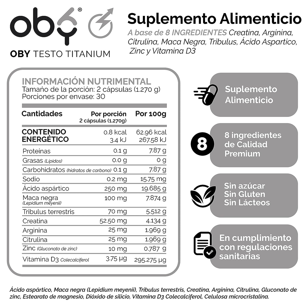 OBY Mens Testo Titanium | Multivitaminico para Hombre con Creatina Monohidratada, Maca Negra, L-Arginina, Tribulus, Citrulina, Vitamina D3, Zinc, Acido Aspartico. Vitaminas para Hombre 60 capsulas