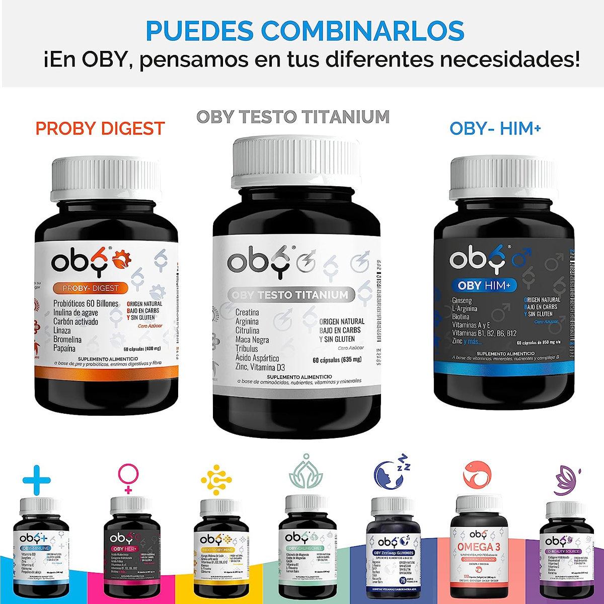 OBY Mens Testo Titanium | Multivitaminico para Hombre con Creatina Monohidratada, Maca Negra, L-Arginina, Tribulus, Citrulina, Vitamina D3, Zinc, Acido Aspartico. Vitaminas para Hombre 60 capsulas