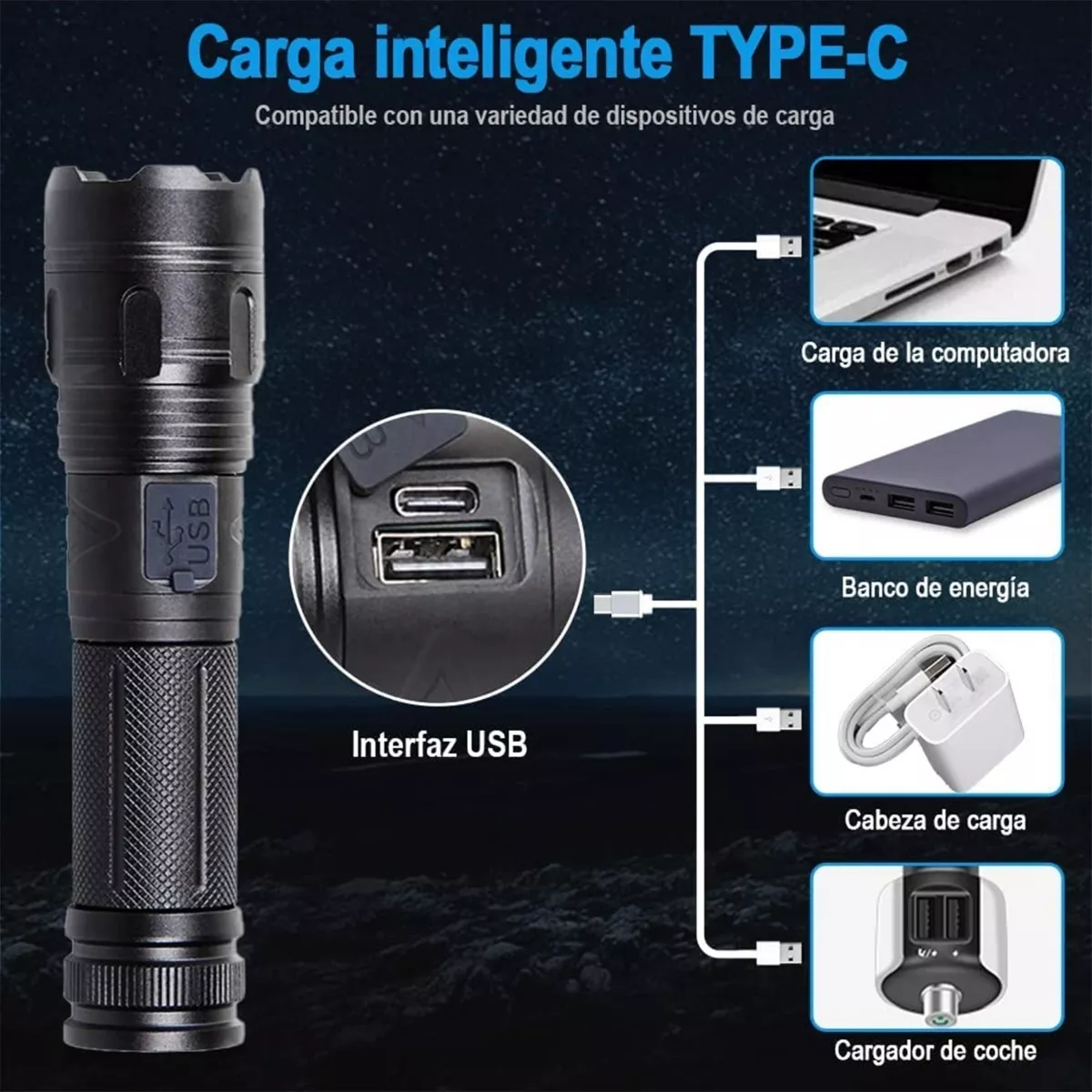 Lámpara Táctica 30000lm Led Xhp50 Usb Camping Recargable