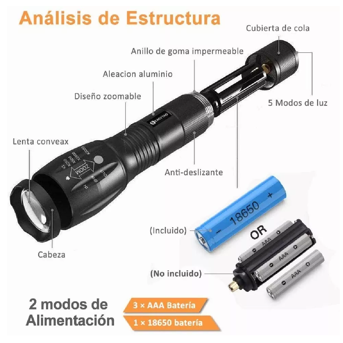 Lampara Táctica 3000 Lumens Cree Led T6 Recargable