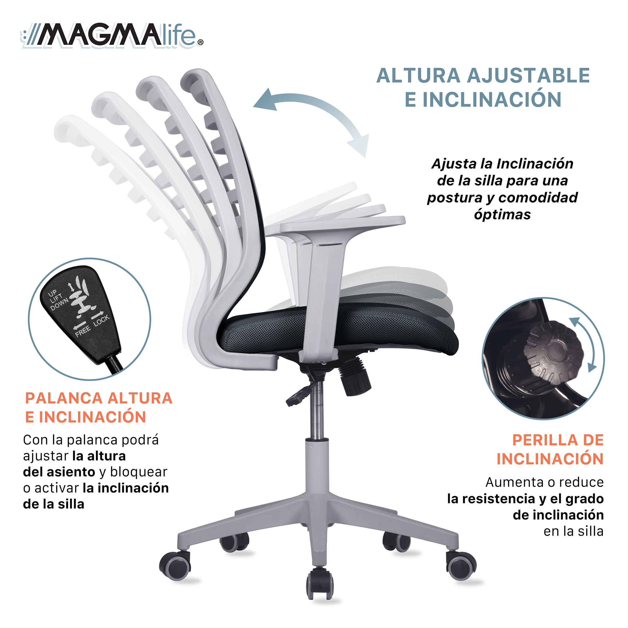 Silla de Escritorio Premium Modelo Estelar Magma Life (Gris)