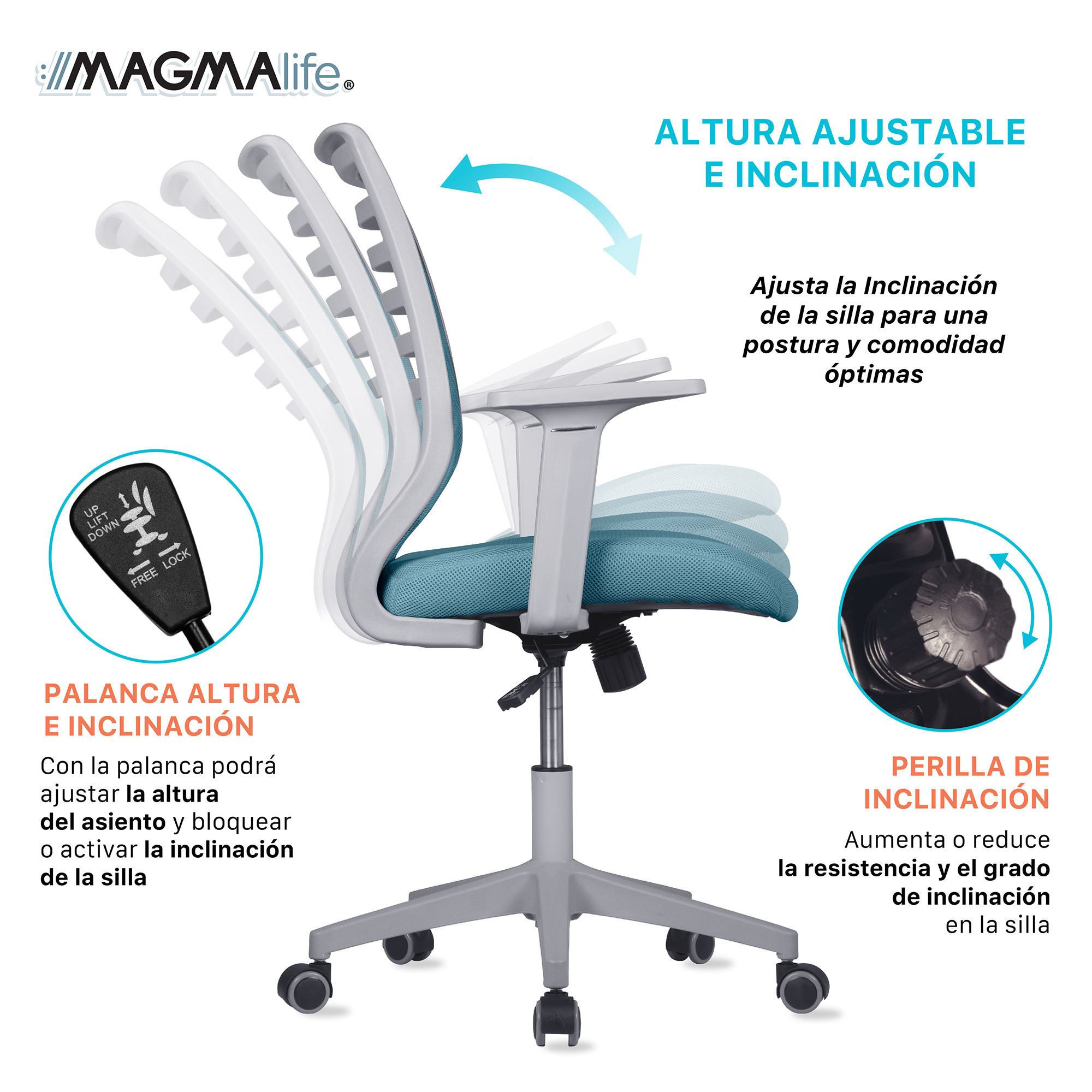 Silla de Escritorio Premium Modelo Estelar Magma Life (Azul Cerúleo)