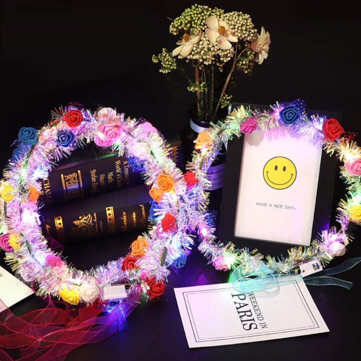 12 Diademas Corona Tiara De Flores Lluvia Con Luz Princesa