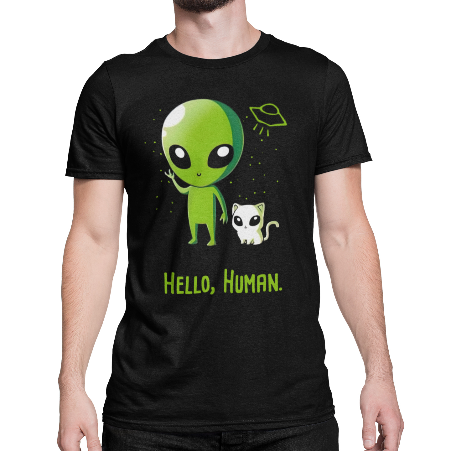 Playera Caballero, Dama Y Niño Alien y Gato Hello Human Cat Gatos