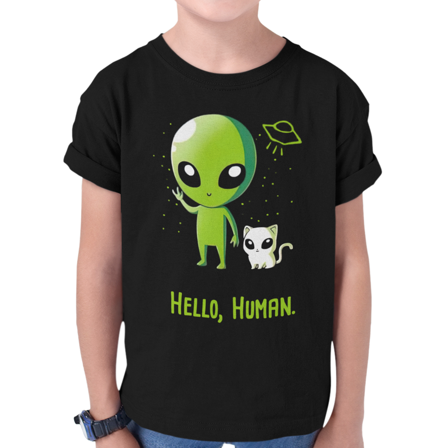 Playera Caballero, Dama Y Niño Alien y Gato Hello Human Cat Gatos