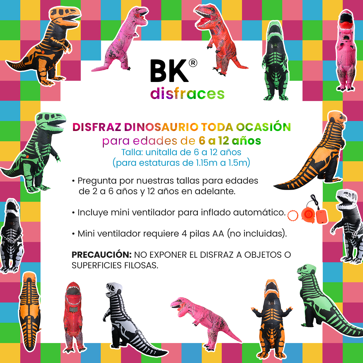 Disfraz inflable de dinosaurio T-rex jurásico premium halloween Toda ocasión Talla unitalla 6 a 12 años - Verde
